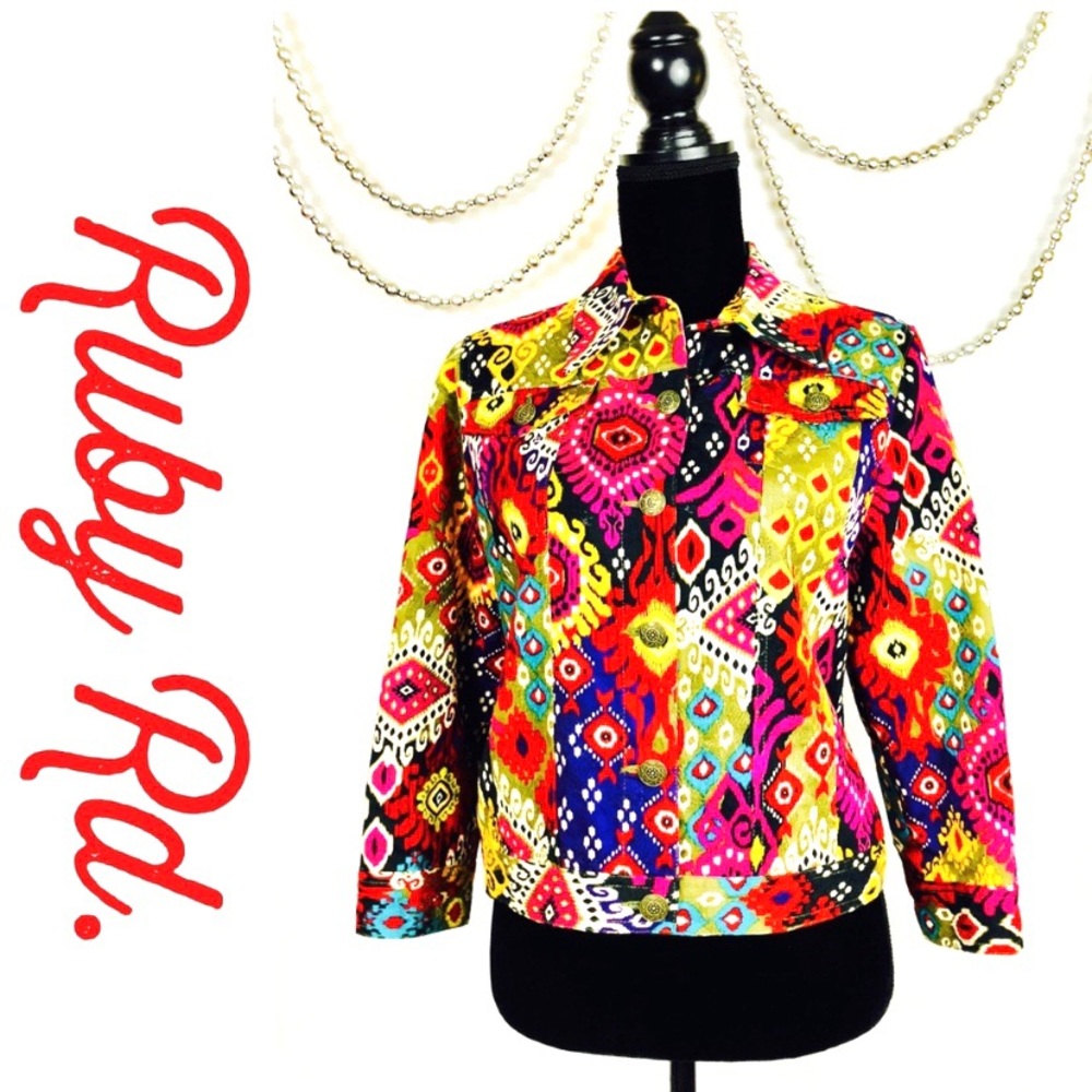 Ruby Rd Colorful Ikat Textured Jean Jacket